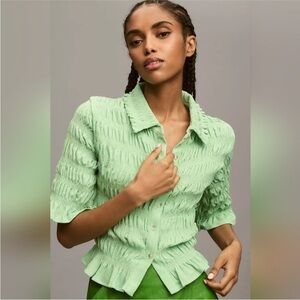 Anthropologie Maeve Smocked Button-Front Top Women’s X-SMALL XS green